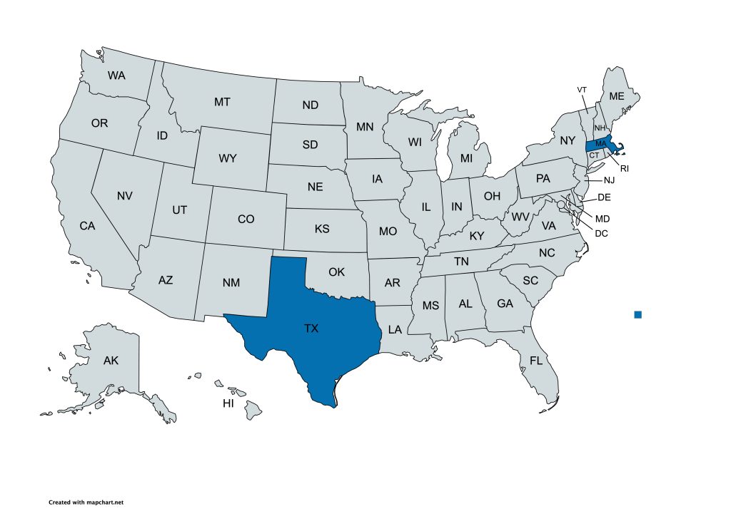 Map of the United States with Texas shaded in blue and two small northeastern states (Connecticut and Massachusetts) also in blue.