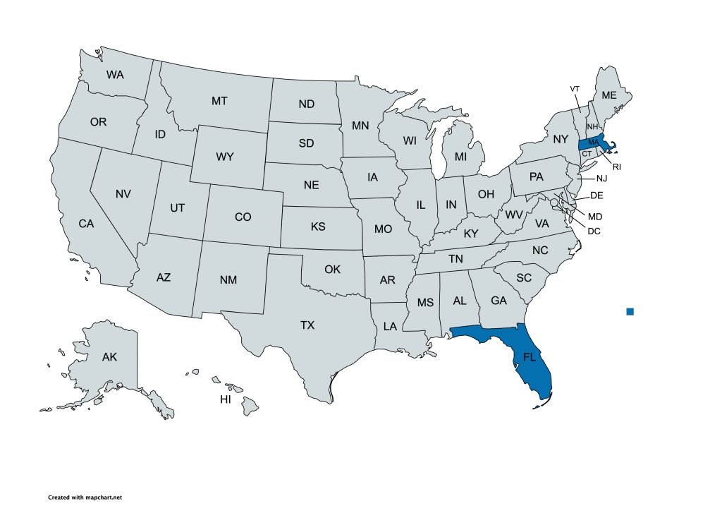 Color map of the United States with all states in light gray and Florida colored blue, plus a small blue highlight around the Northeast (Connecticut and Massachusetts).