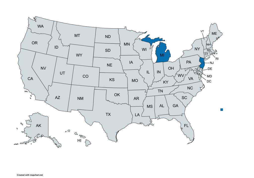 Map of the United States with state boundaries; Michigan and New Jersey are highlighted in blue.
