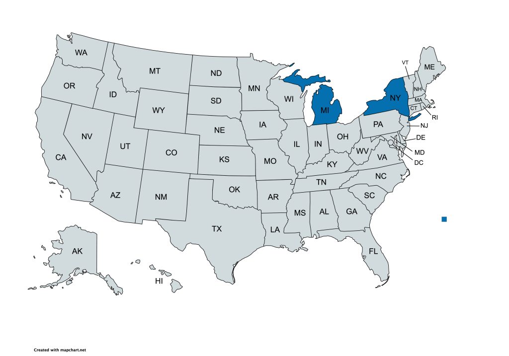 Map of the United States with state boundaries; New York and Michigan are shaded blue.