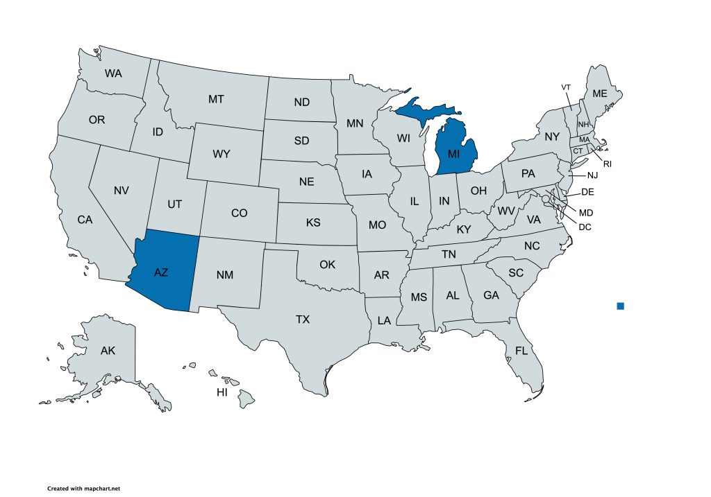 Map of the United States with Arizona and Michigan colored in blue to stand out from the rest of the states.