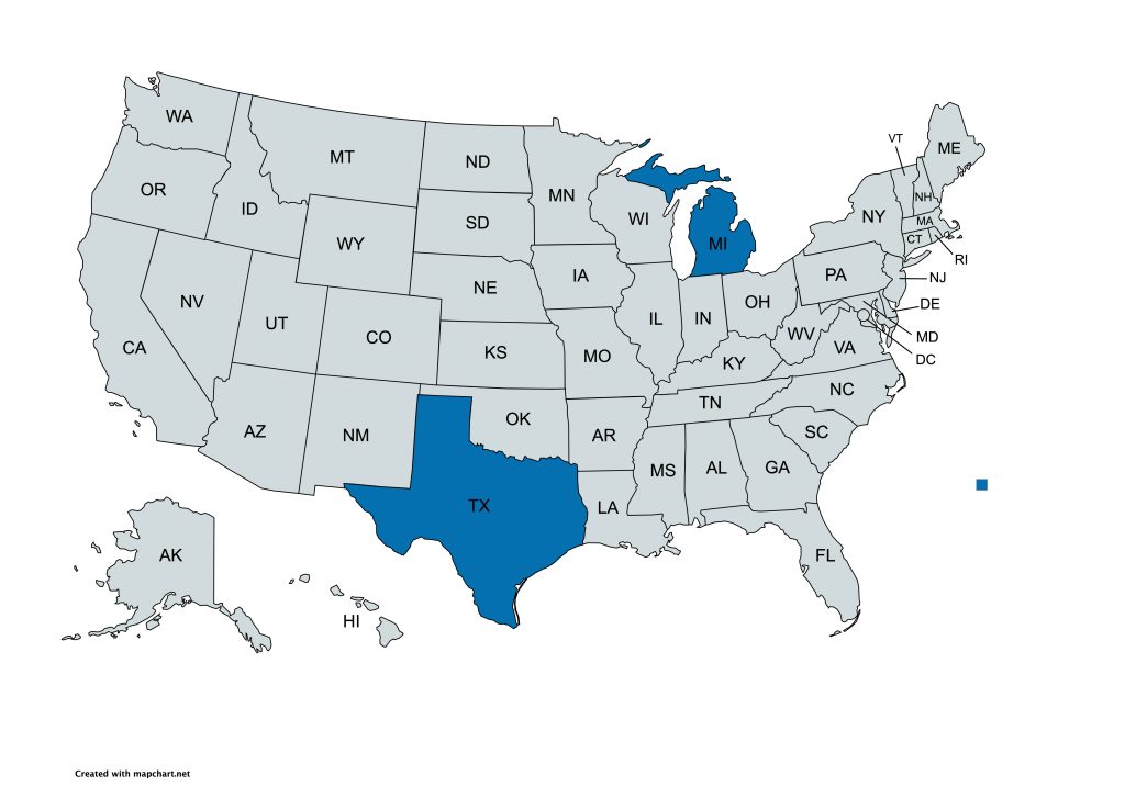 Map of the United States with Texas and Michigan highlighted in blue on a gray background