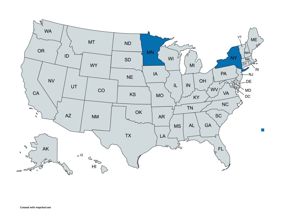 U.S. map with Minnesota and New York shaded in dark blue while all other states are gray, abbreviations shown.