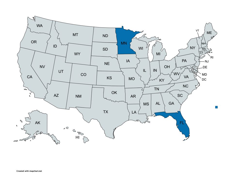 Map of the United States with states labeled; Minnesota and Florida are colored blue while other states are light gray.