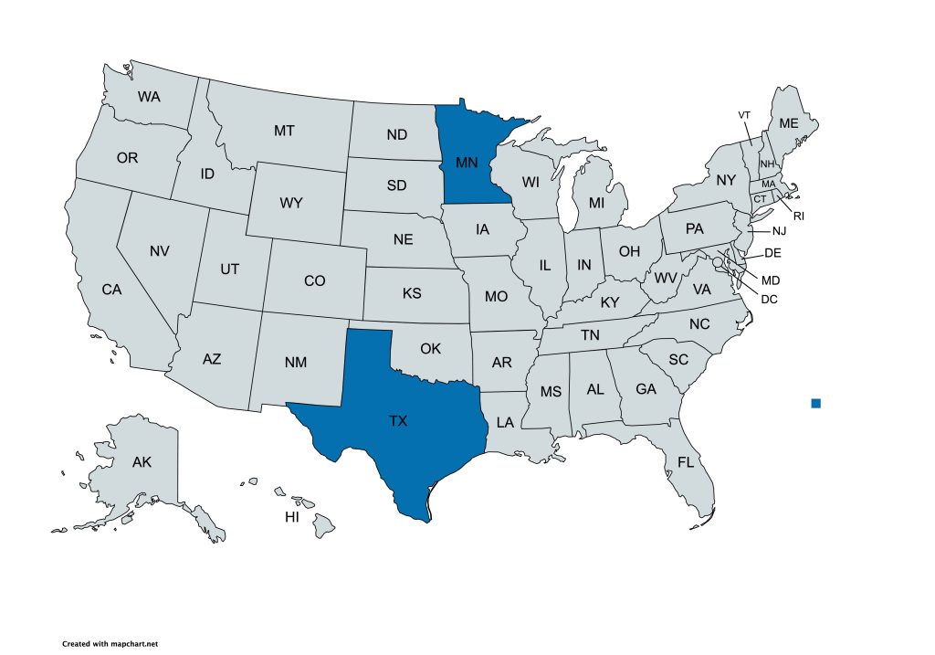 Map of the United States highlighting Minnesota and Texas in blue.