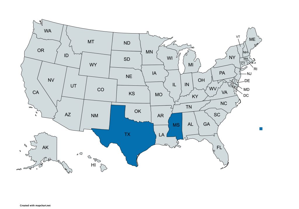 U.S. map showing Texas and Mississippi shaded in blue while other states are light gray, with state abbreviations visible.