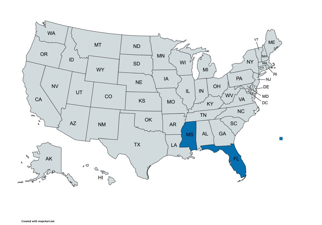 Map of the United States with state abbreviations; Mississippi and Florida highlighted in blue, others grayish.