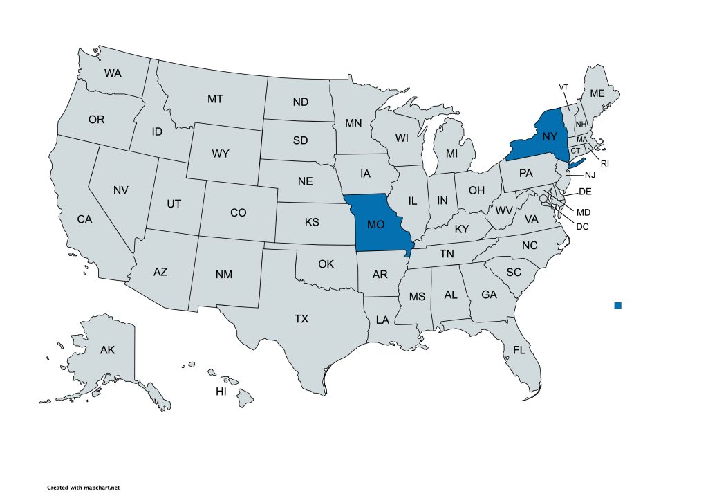 Map of the United States with Missouri and New York shaded in blue to stand out from other states.