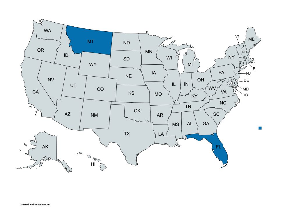 Map of the United States with two states highlighted in blue: Montana (MT) in the Northwest and Florida (FL) in the southeast.