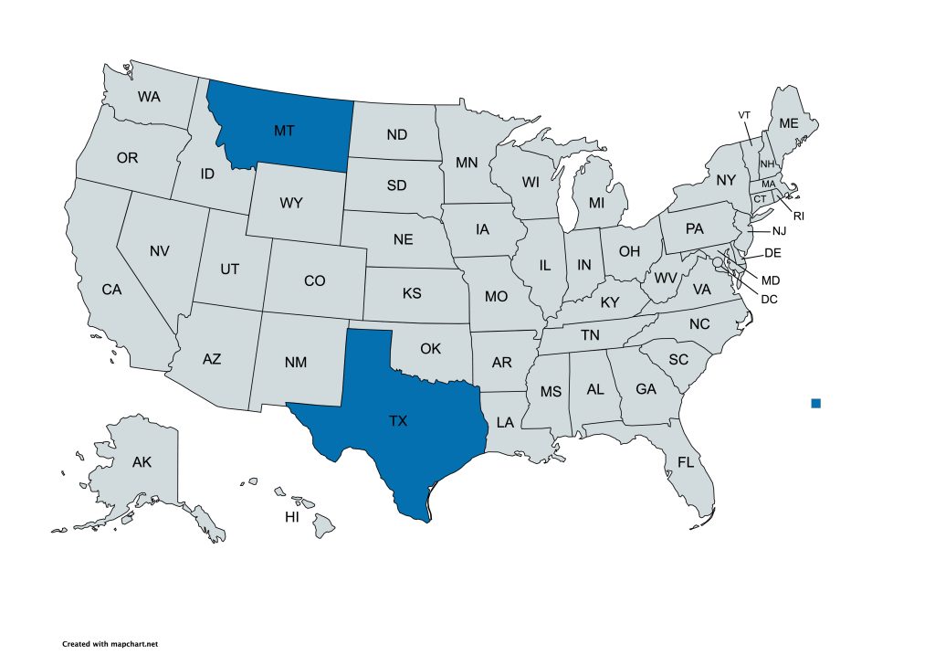 United States map with Texas and Montana highlighted in blue, others in gray to show selection.
